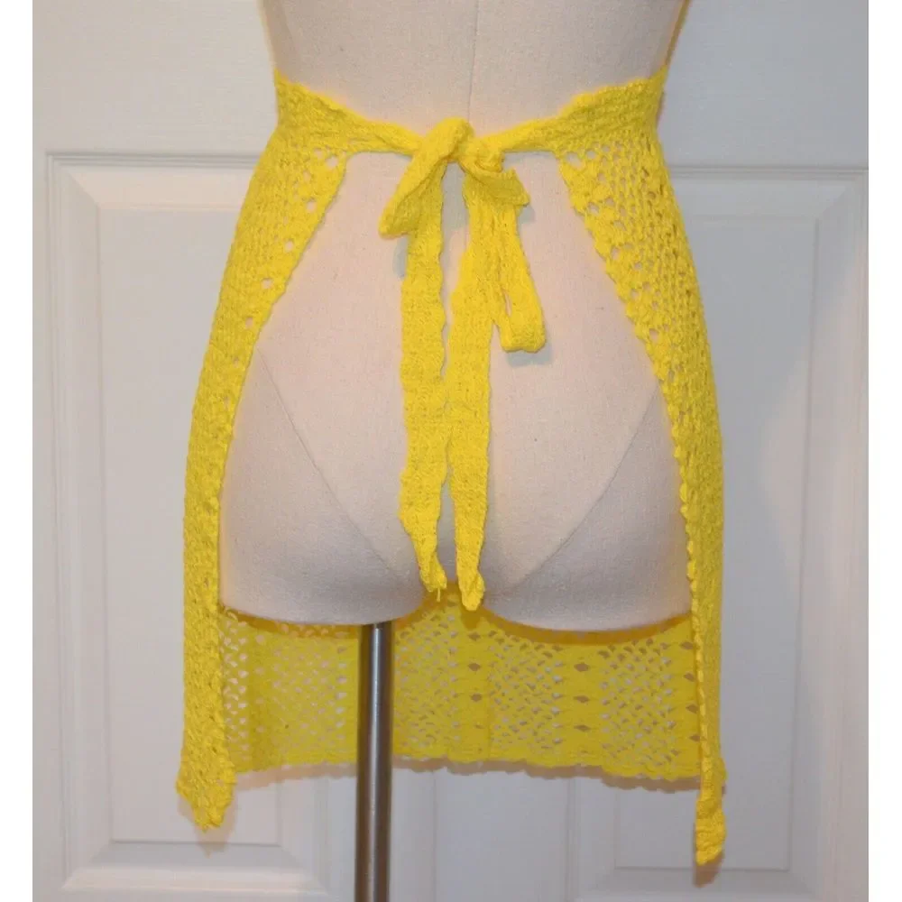 Vintage Ladies Hand Crocheted Yellow‎  1/2 Apron & Dish Cloth